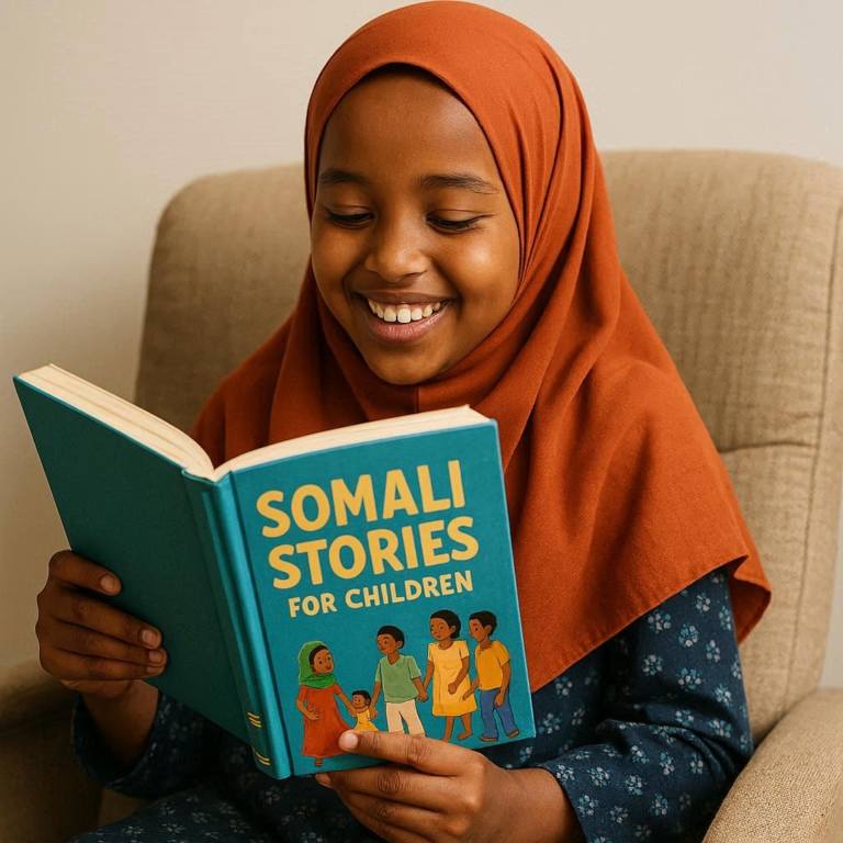 Somali girl reading a bilingual Somali-English book by Asha Ali Noor, enjoying the experience of connecting with culture and language.