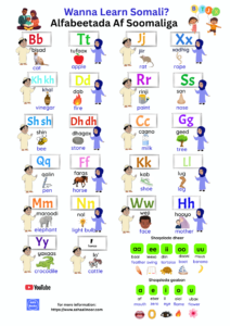 Somali Alphabet poster of the complete alphabet including consonants, vowels and double vowels by Asha Ali Noor